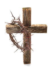 Sticker - Crown of thorns with wooden cross on white background