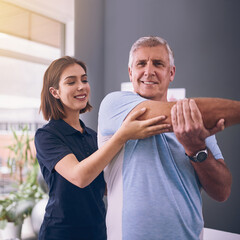 Aufkleber - Checking on his mobility. Cropped shot of a young female physiotherapist treating a mature male patient.