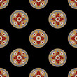 Seamless geometrical pattern with round medieval mandalas. European Anglo-Saxon Cloisonné ornament. On black background.