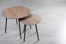 Empty Wooden Nesting Tables Indoors, Space For Text. Stylish Furniture