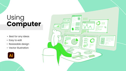 Wall Mural - Geeky woman sitting in the chair at the desk, working on the computer with multiple displays, working from home, remote job technology concept. Green flat vector illustration.
