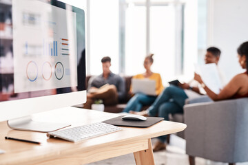 Poster - The plan is always to increase profits. Shot of a graphs on a computer screen in an office with a group of businesspeople sitting in the background.
