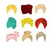 Arabian or Indian colorful turbans cartoon illustration set. Traditional Sikh hats, pagri or headgear for man or woman isolated on white background. Headdress, Arab culture concept