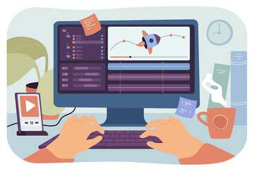 Aufkleber - Motion designer working on computer flat vector illustration. Game creator or web programmer animating image on laptop in studio. Man or male artist editing video. Workplace, art concept