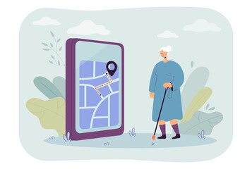 Poster - Old woman looking at phone screen with map on it. Person using mobile app to find route or reach destination flat vector illustration. Navigation concept for banner, website design or landing web page