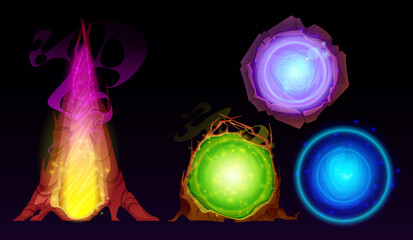 Wall Mural - magic portals, fantasy teleports on alien planet or fairy tale, 2d game locations, ui design element