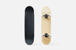 Black wooden skateboard mockup isolated on white background. front and back side, 3d rendering. Empty wooden timber for urban skating mock up, top and side view, isolated. 
