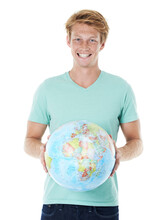 Lets Protect The Future Of Our Planet. A Happy Young Red-headed Man Holding A Globe And Smiling At The Camera.