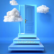 Tutoring and success, progress and effort - concept 3d render. Ideas of work and goals symbolized by steps leading to an opening doors within clouds., 3d illustration
