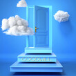 Goodwill and success, progress and effort - concept 3d render. Ideas of work and goals symbolized by steps leading to an opening doors within clouds., 3d illustration