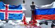 Iceland and Russia war, conflict and crisis. National flags, chess kings stained in blood and fallen chess pawns symbolize an unneeded conflict that brings pain and destruction., 3d illustration