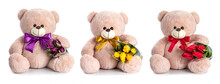 Three Teddy Bears With Tulips Bows And Ribbons. Holiday Gift Concept