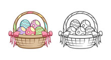Easter Basket Full Of Eggs Cartoon Outline Set Clipart