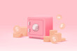 3d safe box minimal design for treasure on pink pastel background. Treasure with gold and money in safe box, money saving, stored money concept. 3d secure box vector render isolated pastel background