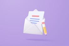3d Mail Envelope Icon With Pencil To Compose New Message Concept On Purple Background. Minimal Email Letter With Letter Paper Read Icon. Pencil Writes A New Message In The Letter. 3d Vector Background