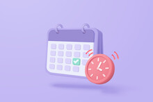 3d Calendar Marked Date For Important Day In Purple Background. Calendar With Mark For Schedule Appointment, Event Day, Holiday Planning Concept 3d Alarm Clock Vector Render Isolated Pastel Background