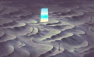 A door to the sea in surreal landscape. concept idea art of way faith change life freedom hope and happiness. Conceptual artwork. 3d illustration. Lonely man in mystery scenery.