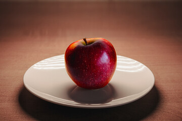 Sticker - Ripe red apple on a white plate on a wooden table. Selective focus.