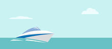 White Speedboat On The Calm Turquoise Sea. Vacation Time On Summer. Vector Illustration, Banner With Copy Space