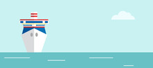 White Cruise Ship On The Calm Turquoise Sea. Vacation Time On Summer. Vector Illustration, Banner With Copy Space