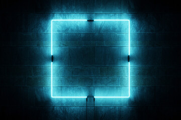 Fototapete - Blue neon square on modern stone wall. 3d rendering with copy space in the middle