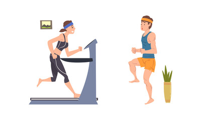 Poster - People doing sports at home set. Young woman and man in sportswear running on treadmil and running cartoon vector illustration