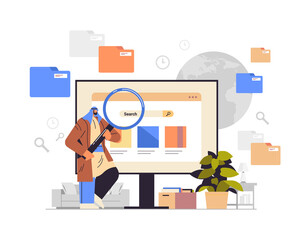 Poster - arab businessman using magnifying glass web page data analyzing man examining surface of browser window online search