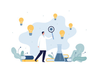 Healthcare and medicine development concept. Vector flat people illustration. Male in white coat doctor or scientist hold magnifying glass. Lab test tube, book and virus symbol.