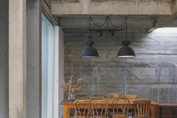 Poster - cafe interior Layout in a loft style in dark colors open space interior view of various coffee Welcome open coffee shop background.