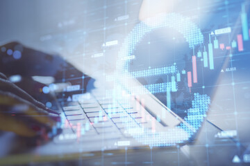 Poster - Close up of hands using laptop keybaord with abstract glowing growing forex chart with euro sign on blurry background. Trade, finance and economy concept. Double exposure.