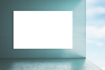 Poster - Empty modern concrete interior with bright daylight and mock up poster on wall. Gallery and living concept. Sky view. 3D Rendering.