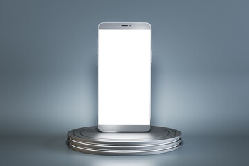 Poster - Close up of empty white cellphone on round pedestal on concrete wall background. Mock up place and presentation concept. 3D Rendering.