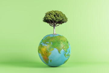 Abstract globe with tree on green background. World, earth, ecology and planet concept. 3D Rendering.