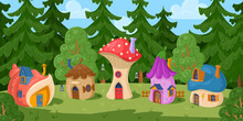 Cartoon Forest Fairy Village, Fairytale Gnome Mushroom Houses. Woods Gnomes Or Elves Housing Village, Magical Village Vector Illustration. Fantasy Little Houses Landscape