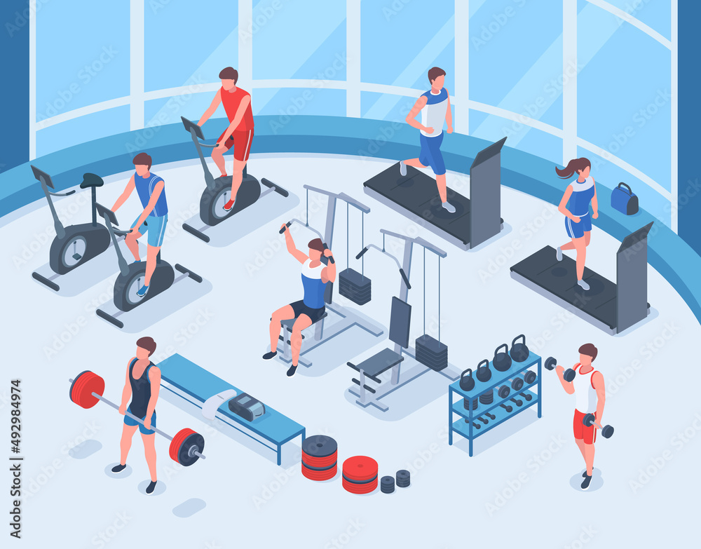 Isometric fitness sport, people workout in gym interior. Human ...