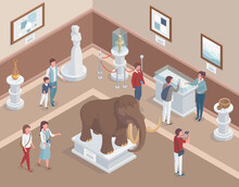 Isometric Museum Interior, History Exposure, Ancient Exhibits. Museum Room With Visitors And Guides Vector Illustration. Mammont, Ancient Vases And Statues
