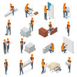 Isometric construction workers, builders and engineer characters. People lay bricks, paint walls and drill well vector illustration set. Builders with construction equipment