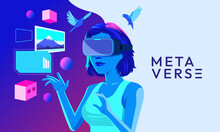 Metaverse Digital Virtual Reality Technology Of A Woman With Glasses And A Headset VR Connected To The Virtual Space