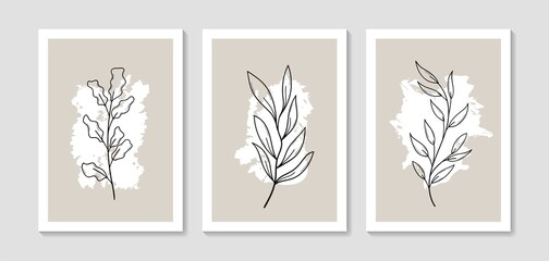 Wall Mural - Botanical wall art vector set. Foliage line art drawing with abstract shape. Abstract Plant Art design for print, cover, wallpaper, Minimal and natural wall art. Vector illustration.