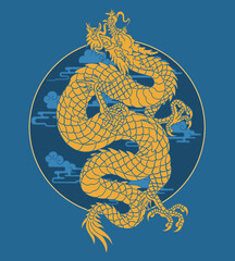 Wall Mural - Oriental style dragon illustration royal robe tattoo design gold blue circle 건대타투 문신도안 용문신