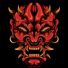 Wall Mural - red oni mask vector illustration isolated black background