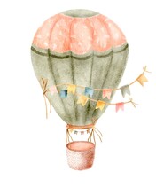 Striped Cute Hot Air Balloon Green And Pink With Flags Hand Drawn Illustration Isolated On White Background