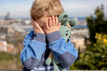 Sticker - Cute little children tourists admiring Barcelona city, family travel with kids