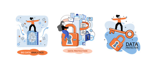 Big data analytics platform, data management and protection creative metaphor set abstract concept. Data center room disk infrastructure business information safety. Technology Internet and network