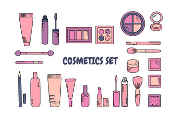 Cosmetic products, makeup items vector doodle set, foundation, eyeshadows, brushes, creams, make up pencil, lipstick, lipgloss, mascara, highlighter, nail polish, blush, powder