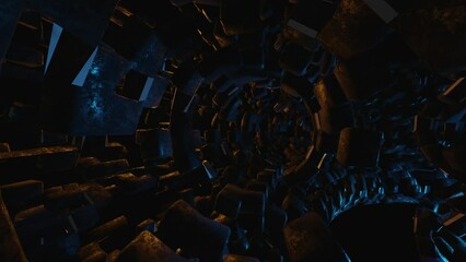 Poster - The camera pans slowly inside a fantasy space tunnel made of brown tiles with blue light. Seamless loop.