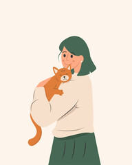 girl holds a sleeping cat in her arms