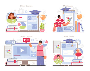 Wall Mural - Education ecosystem online service or platform set. Multidisciplinary