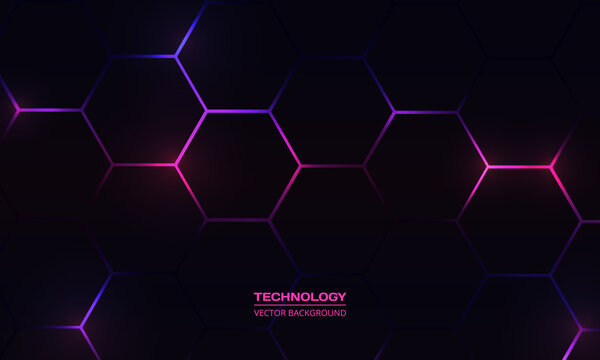 Dark hexagon abstract technology background with purple and pink colored bright flashes under hexagon. Hexagonal gaming vector abstract tech background.