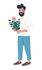 Wall Mural - Smiling bearded man with floral arrangement semi flat color vector character. Standing figure. Full body person on white. Simple cartoon style illustration for web graphic design and animation